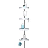 HiRISE Duschregal mit 4 Ecken, 2,4 m, Spannstange, rostfreies Aluminium, Dusch-Organizer mit verstellbaren Körben und beschlagfestem Spiegel, Weiß