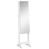 HOMCOM LED Schmuckschrank mit Innenspiegel Spiegelschrank klappbare Ablage Standspiegel verstellbar Weiß 146 cm hoch