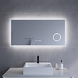 Badezimmerspiegel mit Licht Schminkspiegel Digital Uhr 120x60 cm Badspiegel mit LED Beleuchtung Kaltweiß…