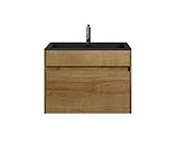 Badezimmer Badmöbel Set Ontario 60cm Bamboo mit Schwarz - Unterschrank Schrank Waschbecken Waschtisch