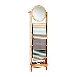 Relaxdays Bambus Handtuchhalter mit Spiegel, Leiterregal zum Anlehnen für Bad und Flur, Herrendiener mit 4 Stufen, natur