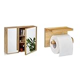 Relaxdays Bad Spiegelschrank 2-türig, Wandschrank aus Bambus, 50 x 65 x 14 cm, Natur & Toilettenpapierhalter…