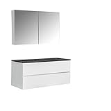 Badmöbel-Set EDGE 1200 - Mit Spiegelschrank EDGE, Ohne Seitenschrank, Farbe Badmöbel:Weiß glänzend, Schwarz matt