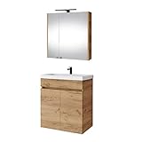 Planetmöbel Waschbeckenunterschrank 64cm mit Keramikwaschbecken, Spiegelschrank mit LED Leuchte, Moderne…