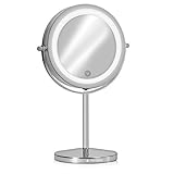 Navaris Kosmetikspiegel mit LED Beleuchtung - Spiegel mit 5fach Vergrößerung Make Up Standspiegel - Schminkspiegel beleuchtet 360° dimmbar - Silber