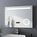 Bath-mann LED Badspiegel 80x60cm mit Beleuchtung Kaltweiß Badezimmerspiegel Spiegel mit Touch Lichtschalter, 3X Vergrößerung Lupe Schminkspiegel, Bluetooth Lautsprecher, Wandspiegel Horizontal