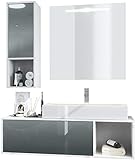 Vladon Badmöbel Komplettset La Costa, Korpus in Weiß matt/Fronten in Grau Hochglanz, mit Aufsatzwaschbecken, Armatur und LED Spiegel