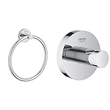 GROHE Essentials Accessoires Bath-Handtuchring, Chrom, 40365001 & Essentials Bad-Accessoires - Bademantelhaken (Material: Metall) Chrom, 40364001