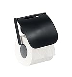 WENKO Static-Loc Plus Toilettenpapierhalter mit Deckel Pavia Schwarz, WC-Rollenhalter, Befestigen ohne…