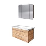 FACKELMANN Milano Badmöbel Set 3 Teile – Waschtisch mit Unterschrank und Spiegelschrank in Holz braun…