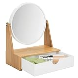 mDesign drehbarer Badezimmerspiegel - freistehender Schminkspiegel fürs Badezimmer mit Ablage - runder Spiegel aus Kunststoff und Bambus für den Waschtisch mit Schublade - bambusfarben und weiß