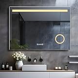 LISA LED Badspiegel mit Beleuchtung 80x60 cm, Bad Spiegel Groß badezimmerspiegel mit Steckdose & Uhr…