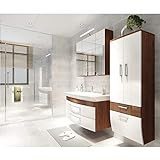 badmöbelset Badezimmer Hochgl. weiß/Walnuss mit großen Waschplatz inklusive Mineralgussbecken Spiegelschrank und großen Hochschrank