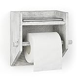 Toilettenpapierhalter aus Holz, Wandmontage, mit Ablage für Badezimmer, Grau / Weiß