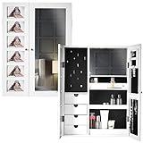 CARME Harper – Wandmontage/Tischplatte weiß Schmuck Spiegelschrank mit LED-Lichtern Schlafzimmer Make-up Organizer Aufbewahrung Schubladen