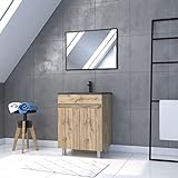 Badezimmermöbel mit 2 Türen/Waschbecken, Schwarz/Spiegel, 60 cm x 80 cm, Eiche Natur