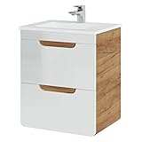Lomadox Waschtisch Set 52 cm Unterschrank mit Keramikbecken Hochglanz weiß mit Wotan Eiche Nb., 2 Softclose-Schubkästen