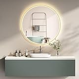 HOKO® Design Badspiegel rund 80 cm Lissabon mit Metall Rahmen Gold. Runder Wandspiegel Energiesparend…