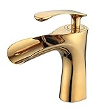 Leekayer Luxus Waschbecken Wasserhahn Gold Verchromt Einhand Wasserfall Wasserhähne für Bad 1 Loch Montieren…