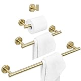 WOMAO 4 Stücke Badezimmer Zubehör Set Accessoires - Toilettenrollenhalter Kleiderhaken Handtuchstange Handtuchrng, Modern Gebürstet Gold Finished zum Bohren