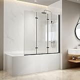 EMKE Schwarz Duschwand für Badewanne 120x140 cm, 3-teilig Faltbar Duschtrennwand für Badewanne Duschwand…