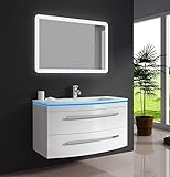 Oimex Badmöbel Set „Monica“ Weiß Hochglanz Waschtisch 90cm inkl. LED Waschbecken, LED Beleuchtung Armatur und Spiegel Badezimmermöbel Set mit Glas Waschbecken