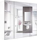 Spiegelschrank Badspiegel Schrank aus Holz mit 3 Türen und verstellbaren Einlegeböden mit Vollspiegel für Badezimmer Schlafzimmer Weiß 70x60x15cm
