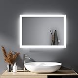 HY-RWML Badspiegel mit Beleuchtung 70x50cm Badezimmerspiegel 3 Lichtfarbe Touch Schalter Rechteckiger…