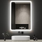Boromal LED Badspiegel mit Beleuchtung und Uhr 50x70cm Badezimmerspiegel mit Beleuchtung 3 Lichtfarbe…