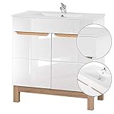 Lomadox Badezimmer Waschtisch Set mit 81cm Keramik-Waschbecken, Unterschrank Hochglanz weiß & Wotaneiche,…
