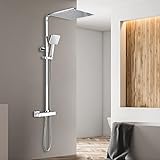 Meykoers Duschsystem Regendusche mit Thermostat Duschset, Eckig Duscharmatur Duschsäule mit Duschstange…