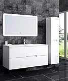 Oimex Tiana 120 cm Single Badmöbel mit LED Spiegel und 1 Seitenschrank, Hochglanz Weiß Badezimmer Set mit viel Stauraum Waschtisch Unterschrank Keramik Waschbecken
