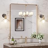 LOAAO 76.2x91.4 cm, goldener Badezimmerspiegel, abgerundeter, rechteckiger Spiegel mit Goldrahmen, gebürsteter…