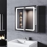 SONNI Spiegelschrank Bad mit Beleuchtung 65 cm breit 3 einstellbare Lichtfarbe, doppeltürig Aluminium…