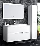 Oimex Tiana 90 cm Badmöbel mit LED Spiegel und 1 Seitenschrank, Hochglanz Weiß Badezimmer Set mit viel Stauraum Waschtisch Unterschrank Keramik Waschbecken