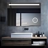 MIQU LED Badspiegel mit Beleuchtung 80x60 cm Badezimmerspiegel, Bad Groß Spiegel mit Steckdose Uhr Touch…