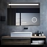 MIQU LED Badspiegel mit Beleuchtung 100x70 cm Badezimmerspiegel, Bad Groß Spiegel mit Steckdose Uhr…