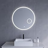 Runder LED Badspiegel 80cm Uhr Rundspiegel mit hinterleuchteter Beleuchtung und integrierten Kosmetikspiegel…