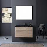 KIAMAMI VALENTINA Wandhängendes Badezimmermöbel 90 cm in Holzoptik mit schwarzer Waschbecken und Spiegel…