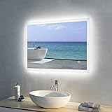 Meykoers LED Badezimmerspiegel mit Beleuchtung Badspiegel 80x60cm Wandspiegel Kaltweiß/warmweiß/natürliches Licht Spiegel mit Touch-Schalter und Beschlagfrei