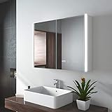 EMKE LED Badspiegelschrank 80 x 60 x 15 cm Spiegelschrank Badspiegel mit Beleuchtung Badschrank mit Doppelseitiger Spiegel, Touch Schalter, Anti Beschlag, Digitaluhr, Bluetooth, Silber
