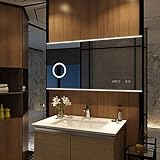 Meykoers Wandspiegel Badezimmerspiegel LED Badspiegel mit Beleuchtung 120x60cm, Spiegel mit Vergrößerung, Uhr, Touch-Schalter und Beschlagfrei, Lichtspiegel Kaltweiß 6400K Seitenlicht