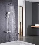 Duschsystem von ELBE aus Edelstahl, mit Thermostat, Handbrause, Regendusche mit rundem Duschkopf Ø 25…