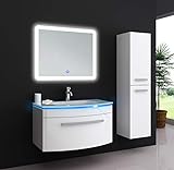 Oimex Jasmin 70 cm Badmöbel Set mit LED Spiegel + 1x Seitenschrank Hochglanz Weiß Badezimmer Set mit viel Stauraum LED Waschtisch Glaswaschbecken
