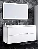 Oimex Tiana 120 cm Single Badmöbel mit LED Spiegel Hochglanz Weiß Badezimmer Set mit viel Stauraum Waschtisch Unterschrank Keramik Waschbecken