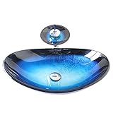 HomeLava Modern Hartglas-Waschbecken Set Glas Oval Blau Schwarz mit Wasserfall-Wasserhahn, Abfluss und…