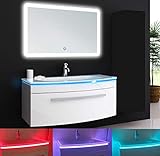 Oimex Jasmin 60 cm Badmöbel Set mit LED Spiegel Hochglanz Weiß Badezimmer Set mit viel Stauraum LED Waschtisch Glaswaschbecken