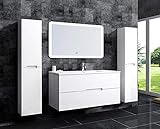 Oimex Tiana 120 cm Single Badmöbel mit LED Spiegel und 2 Seitenschränken, Hochglanz Weiß Badezimmer Set mit viel Stauraum Waschtisch Unterschrank Keramik Waschbecken