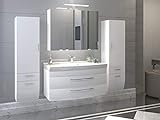 badmöbelset Badezimmer Hochgl. weiß/weiß mit großen Waschplatz inklusive Mineralgussbecken Spiegelschrank und 2 x Hochschränke