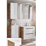 Lomadox Badezimmermöbel Set in Hochglanz weiß mit Wotan Eiche Nb., 60 cm Keramik-Waschtisch mit Unterschrank,…